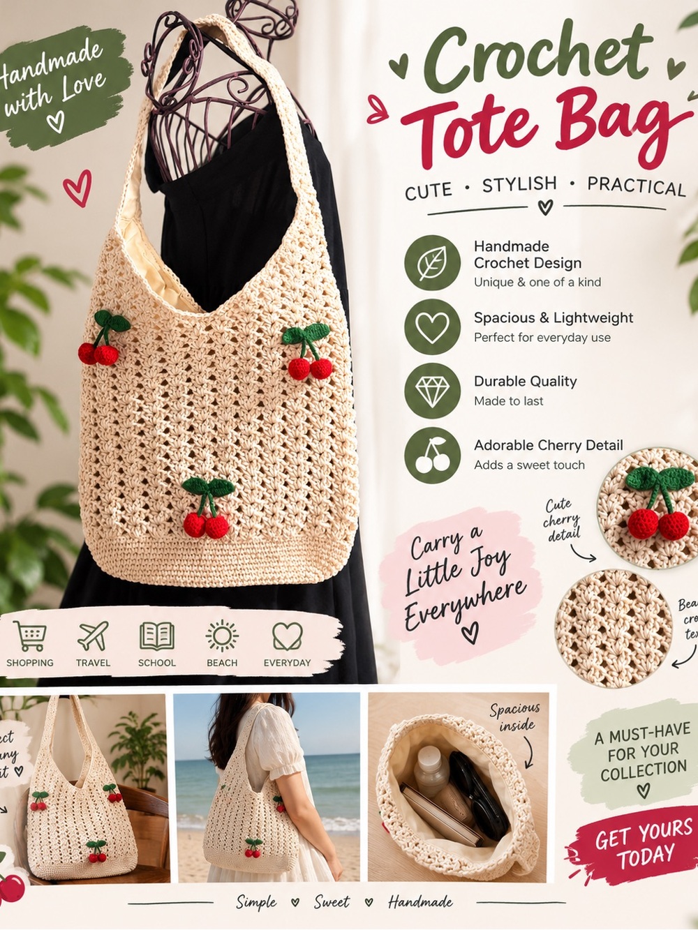 Handmade Crochet Tote Bag with Cherry Detail - Cream